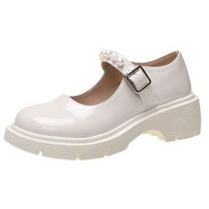 IELGY Pearl Buckle Strap Mary Jane Shoes Flat Sole Round Toe White Shiny Leather British Leather Shoes Women