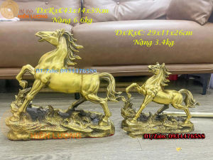 Tượng Linh Vật Ngựa Đứng Bệ Đá Cỏ Màu Vàng Bằng Đồng Thau Nguyên Chất Cao 26 Và 39cm Đẹp