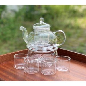 【DE F&B】660ml Glass Tea Pot with Warmer Stand + 4pcs Bamboo Pattern Glass Tea Cup 玻璃漏花茶壺套装 | 竹型品杯 | 玻璃茶座