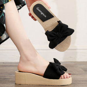 [Free Shipping] Summer Plus-Size Solid-Color Bow-Knot One-Strap Sandals For Women Suitable For Outdoor Wear With A Wedge Heel And Thick Sole Perfect For The Beach