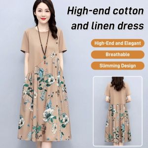 hooyaya Womens summer Aline skirt loose cotton and linen dress flesh-covering printed skirt thin casual dress