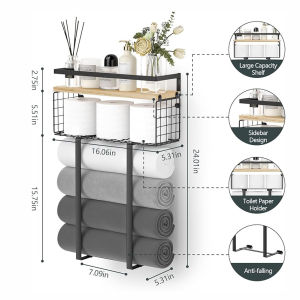 Towel Rack Wooden Towel Holder Paper Holder with Storage Basket Bathroom Shelf Organizer Wall Organizer Hanging Rack Toilet Accessories