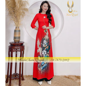 Áo Dài Lụa Habutai Hồng Hạc Hoa Sen Chấm Bi K02 Đỏ - Áo Dài Xuân Quỳnh