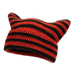 MNTT Warm Cat Ears Beanie Hats Cute Y2K Pullover Hat Cute Gothic Little Devil Cap Winter Autumn