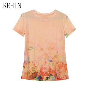 REHIN Summer Fashion Mesh Printed Floral Round Neck Slim Fit Short Sleeve T-shirt Elegant Round Elegant Womens Blouse