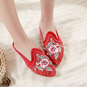 [Free Shipping] Slippers Mesh Shoes Flat-Soled Mesh Embroidered Slippers With Rubber Soles Floral Fabric Slippers Casual WomenS Sandals