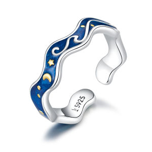 BAMOER Blue Starry Sky จาก Van Gogh แหวนสําหรับผู้หญิงเครื่องประดับเงินแท้925 SCR608