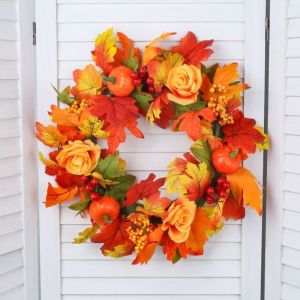MARGETT Rustic Style Halloween Pumpkin Maple Leaf Wreath Fall Harvest Autumn Maple Leaf Sunflower Garland Artistic Style Simulation Pumpkin Artificial Wreath Farmhouse Decor