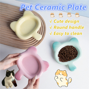 Pet Ceramic Bowl with Handle Anti Flip  Cute Cat Food Dish Kitten Snack Plate & Meal Basin