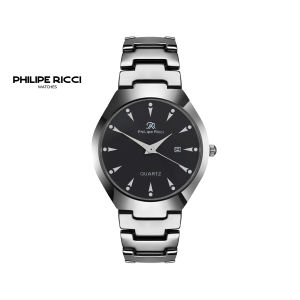 PhiLipe Ricci Jam Tangan Pria Rantai Analog Hitam Tipis 100% Ori Keren 7597 Men Watches Free Baterai