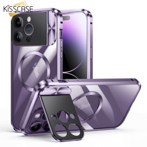 Kisscase Khung Trường Hợp Đối Với Iphone15promax Mạnh Mẽ Magsafe Với Ống Kính Bảo Vệ cửa sổ lớn Máy Ảnh Vô Hình Có Thể Gập Lại ốp lật Đứng khóa đôi Nhôm khung hợp kim PC cứng trong suốt Cover Quay Lại Cho Apple15 Pro Max 14 13