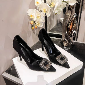 Free Shipping Black High Heels For Women 2026 Spring/Autumn New Collection Stiletto Heels With Rhinestones Suede Material Comfortable To Wear Elegant Pointed-Toe Design With A Square Buckle