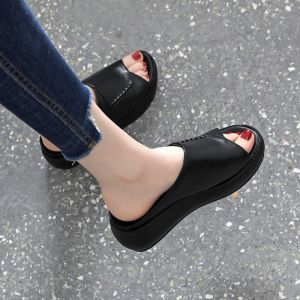 [Free Shipping] Soft Leather Thick-Soled Soft Bottom Mom Slippers For Women New Summer Fashion Versatile Outdoor Waterproof Platform Wedge Sandals