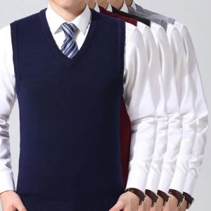 Autumn and Winter New Mens Sweater Knitted Vest Solid Color Wool Business Mens Waistcoat V-neck Clothing for Middle-Aged Dad