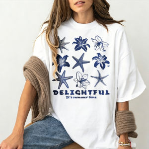 [Local Stock] HBESTY  Cotton Casual Fitted Round Neck Short Sleeve Women T-Shirt Vintage Hibiscus Flower Print Suitable for Summer Y2k Top Aesthetic