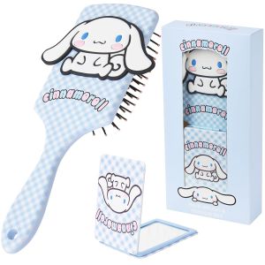 Hello Hair Brush and Compact Mirror Set Kawaii Detangler Brush Kawaii Cute Stuff Makeup Gifts for Women Wife Girlfriend Girls Teens (Cinnamoroll Brush & Mirror)