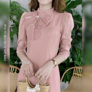 Áo Dài Việt Tải Hoa Sen Tay Phồng Màu Hồng Ruốc May Sẵn Nơ Xinh Đẹp