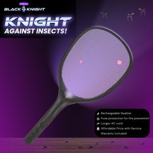 DAIMARU Black Knight Electric Fly Swatter Rechargeable - AC Cord Included - Handy 52x22.5cm Racket with Powerful Bug Zapper for Mosquitoes Flies & Insects – Safe On/Off Switch Durable Lightweight Design Easy to Use Indoor & Outdoor Pest Control Tool