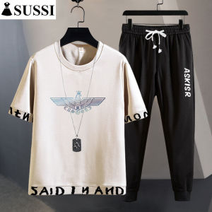 SUSSI Suit Mens Summer T-shirt Casual Sports Suit Korean Version Loose Youth High School Students Short-sleeved Two-piece Ins