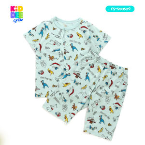 KiddeeCrew ชุดนอนเด็กแขนขาสั้น ผ้าcotton สีเขียวพิมพ์ลายไดโนเสาร์ เหมาะอายุ1ปีถึง12 ปี