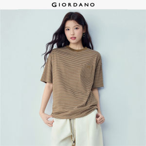 Giordano Women T-Shirt Bow 100% Cotton Embroidered Round Neck Short-Sleeve Pocket Striped Regular-Fit Slight Stretch Free Shipping 05326405