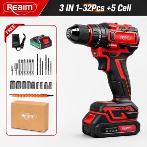REAIM 21V Brushless Cordless Impact Drill Set Rechargeable Electric Hammer Drill Screwdriver with 2 Batteries Charger & Drill Bits for Home DIY
