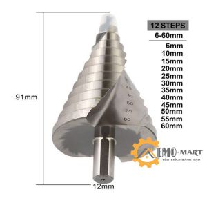️ ️ Mũi khoan tháp ️ Thép HSS siêu cứng phủ titanium bạc - Bước mũi khoan từ 6 đến 60mm - Trục 12mm