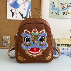 MADEWITH Chinese Style Lion Doll Backpack Vintage Lion Dance Pattern Student Backpack Fashion Under 20L Book Bag for Boys and Girls