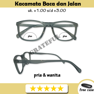 Kacamata normal plus double fokus 2 fungsi baca dan jalan kacamata baca biofocal frame abu bening seperti jelly full rim kotak untuk pria wanita orangtua - FREE CASE