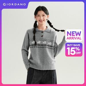 Giordano Women Contrast jacquard cable knit trim sweater Free Shipping 18356521
