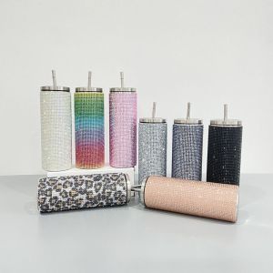 Gaosu แก้วเก็บความเย็นกระติกเก็บเย็น 600มล. ขวดแก้วไรน์สโตนเก็บความร้อน พิมพ์ลายเสือดาว บลิง แก้วกาแฟกลิตเตอร์สำหรับเดินทาง ภาชนะสำหรับดื่ม มีฝาปิด ขวดน้ำสแตนเลส บ้าน/สำนักงาน