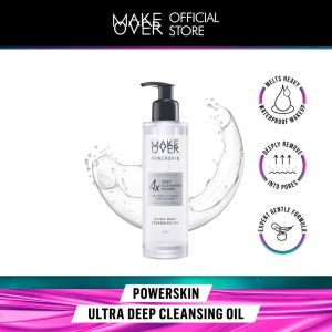 MAKE OVER Powerskin Ultra Deep Cleansing Oil Indonesia / Pembersih Makeup Wajah 190ml / Macadamia Oil & Salicylic Acid / Melt Away All Makup & Unlog Pores / Expert Gentle Formula / Melts Heavy Waterproof Makeup / Cosmetic Series / Micellar Water Cleanser