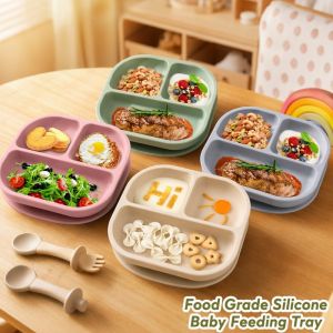 Food Grade Silicone Baby Plate 3 Grids Toddler Eating Training Tableware Anti Slip Sucker Feeding Dish Bpa Free Microwave Safe Divided Tray