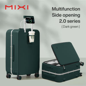 Mixi Dark Green Travel Suitcase Front Open Luggage with Charging Port Cup Holder Phone Holder 20 Inch Hand Carry Luggage 24 Inch Side Opening Luggage with Hook 26 Inch Durable Aluminum Frame Luggage M9286