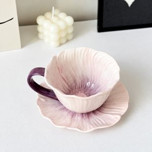 NOBLEE Vẽ tay Bộ tách và đĩa lót cà phê bằng gốm Đồ dùng bàn ăn Hình hoa Bộ tách trà hoa Đẹp Dụng cụ nhà bếp Cốc cà phê bằng sứ Trà chiều