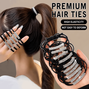 WININ 5pcs Brown Black Rhinestone Hair Elastic No Harm Shiny Crystal Hair Tie Fashion Ponytail Holder Hair Rope Rubber Bands Women Girls