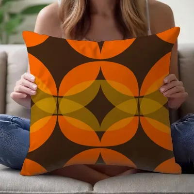（HC)Retro Geometric Pattern Pillow Cover Orange and Brown Abstract Design Cushion Case for Living Room Bedroom Home Decor Gift