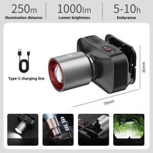 Zoomable Headlight Telescopic Flashlight Type-C Fasting Charging Waterproof Rechargeable Super Bright Headlamp Long Battery Life Outdoor Camping Fishing Headlight
