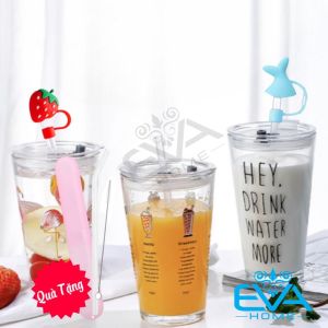 Ly Thuỷ Tinh 450 Ml In Hoạ Tiết Cute Kèm Ống Hút Có Nặp Đậy Silicone Hoạt Hình 3D Tặng Kèm Hộp Đựng Và  Cọ Rửa SP4726