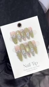 【HANDMADE+Free Glue】Artificial Nail Green Waves and Clear Shadows Light Luxury Buccellati Emerald Phototherapy Fake Nail Patch Press on Nails Reusable