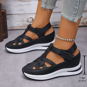 [Free Shipping] Plus-Size WomenS Sandals New Spring Collection Wedge Heel Roman Style With Velcro Straps Thick-Soled Casual Shoes