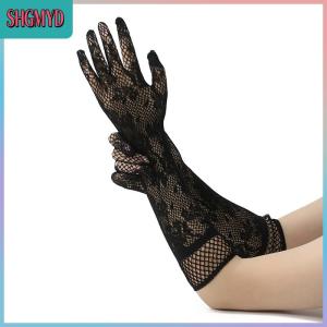【SHGMYD】 ถุงมือตาข่ายลูกไม้ยาวสุดเซ็กซี่ลายดอกไม้โกธิคพังค์ถุงมือไนลอนยืดหยุ่นสำหรับวันฮาโลวีนตกแต่งชุดเดรสแฟนซีแบบยืดได้