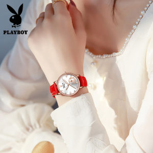 【Hot Sales】PLAYBOY Brand Genuine Leather Watch for Women Waterproof 2022 Original Fashion Elegant Luxury Diamonds Star Moon Unique Dial Casual Quartz Ladies Watch
