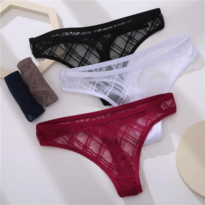 Finetoo Low Waist Transparent Panties Sexy Lace Thong Ladies