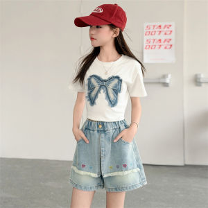 Summer New Arrival Girls Fashion Bow T-Shirt & Heart Denim Shorts 2pcs Sets Casual Loose Two Piece Outfits For Teenage Kids Wear H260702