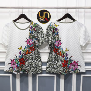 Atasan Kaos Wanita Gambar Bunga & Leopard