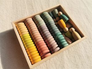 Kids Wooden Toys Beech Rainbow Coins and Rings Stacking Blocks with Peg Dolls Loose Parts.