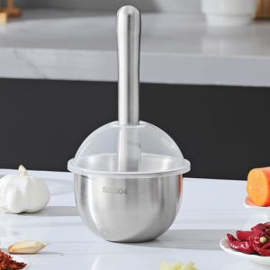 MICANGP 304 Stainless Steel Garlic Masher Large Capacity Manual Garlic Mashing Pot Durable with Lid Mortar Grinding Bowl Lemon