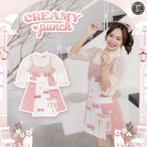 BLT BRAND การันตีเสื้อผ้าแบรนด์แท้ มินิเดรสสีชมพูขาว CREAMY PUNCH