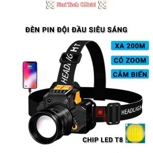 Đèn pin đội đầu chip led T8 siêu sáng chiếu xa 200m zoom xoay cơ học có USB sạc lại đội đầu tiện lợi không thấm nước
